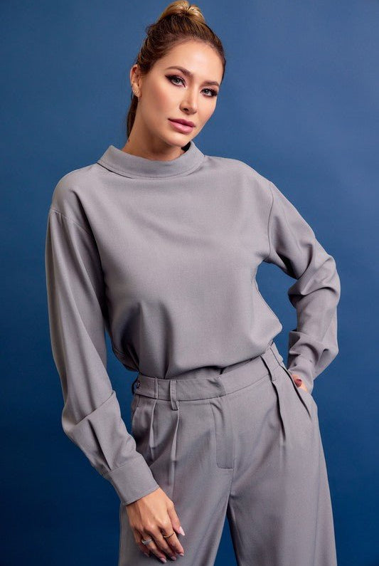 Woven Mock Neck Long Sleeve Pants Set - Bonitafashionrd Set