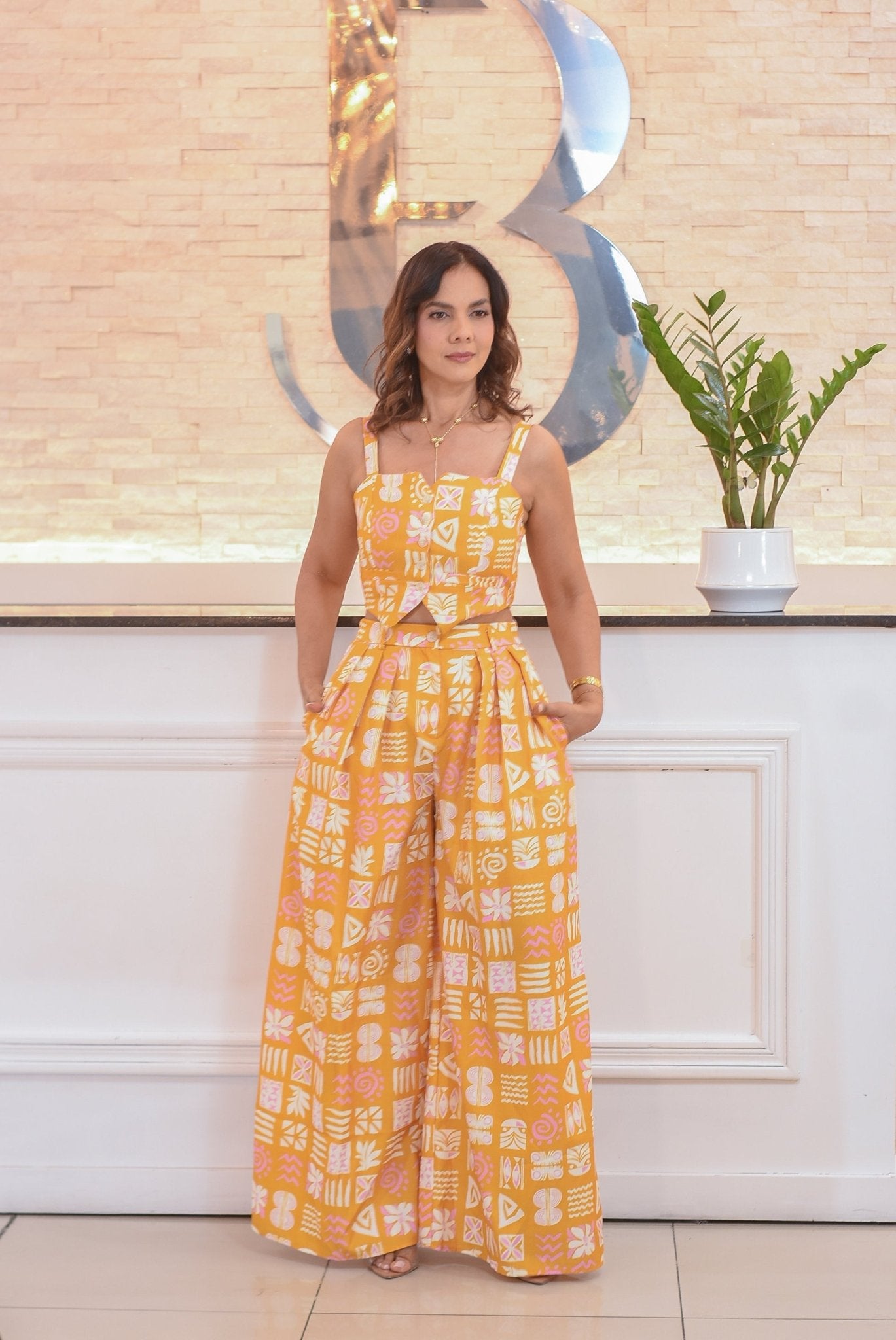 Lovely yellow floral print pants set - Bonitafashionrd Set