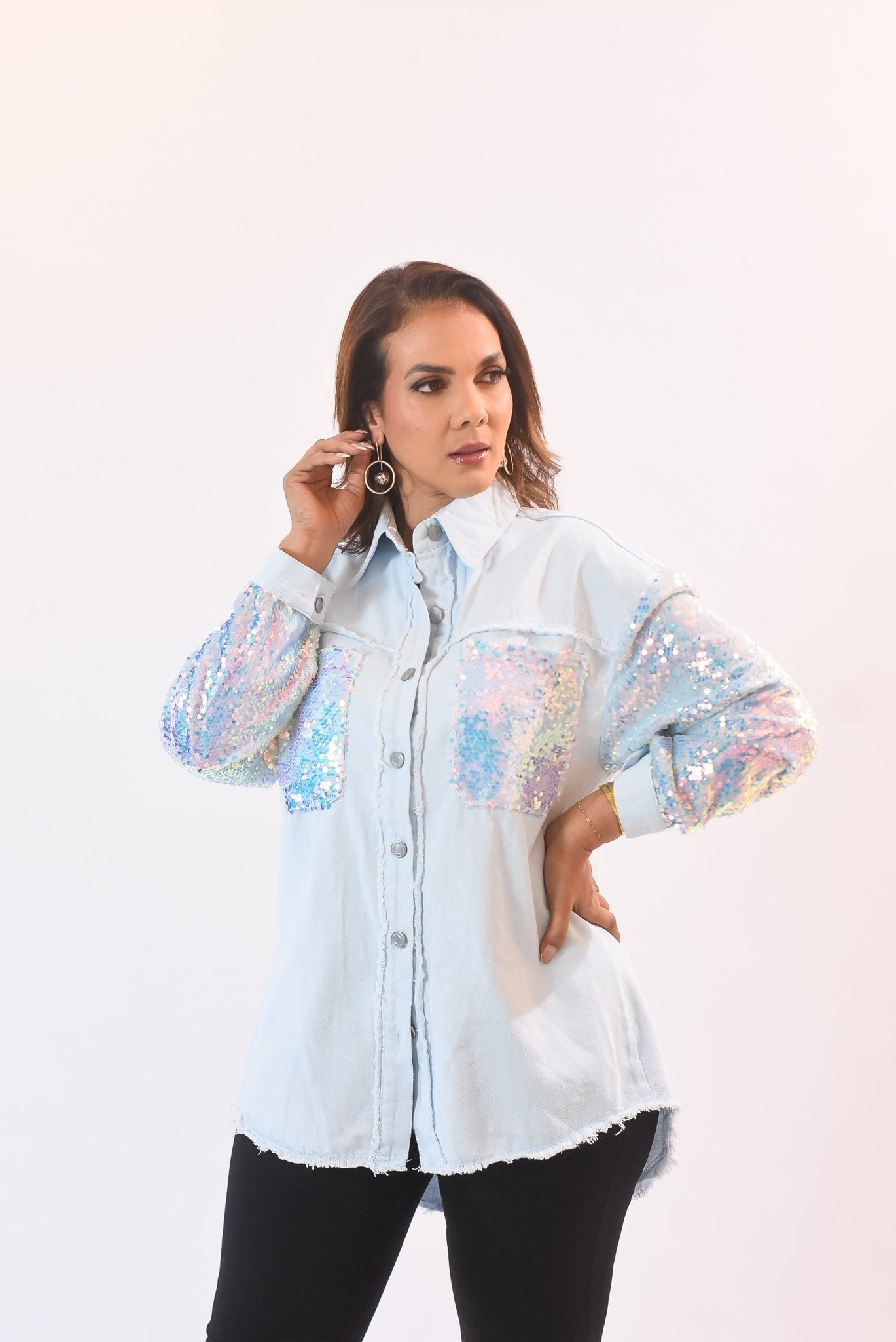 My Glitter Denim Shirt Blue - Bonitafashionrd