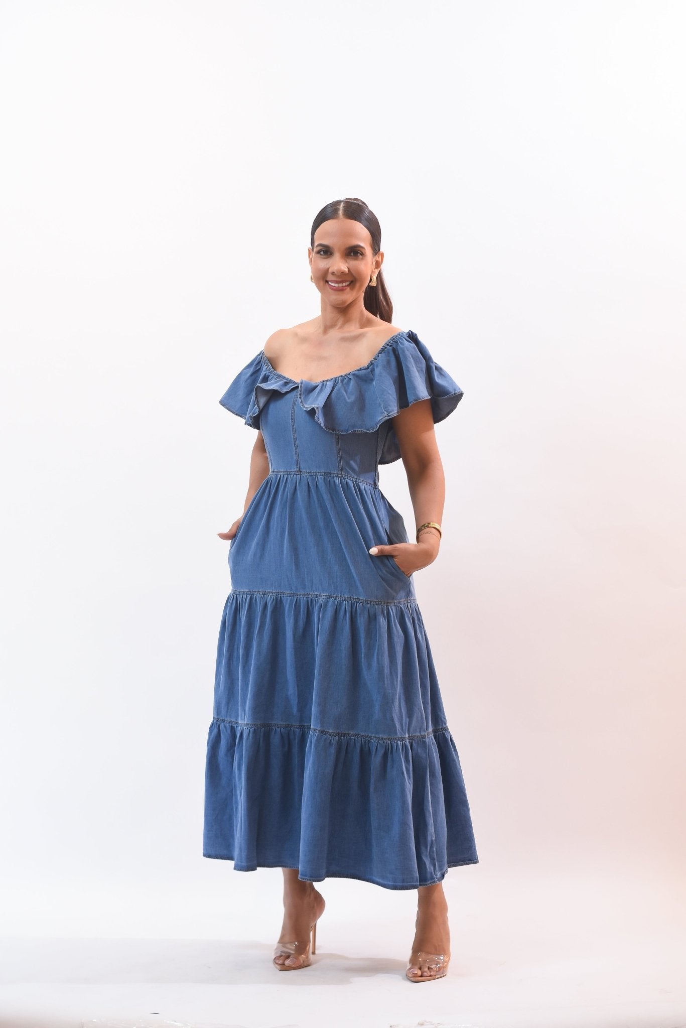 My Pretty Off Shoulder Denim Dress - Bonitafashionrd