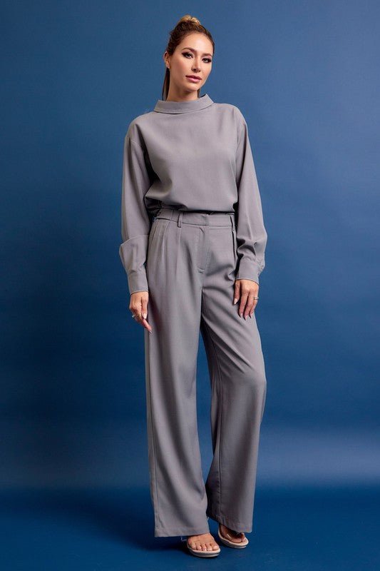 Woven Mock Neck Long Sleeve Pants Set - Bonitafashionrd Set