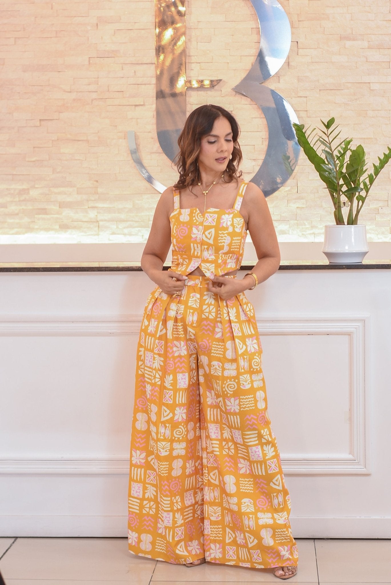 Lovely yellow floral print pants set - Bonitafashionrd Set